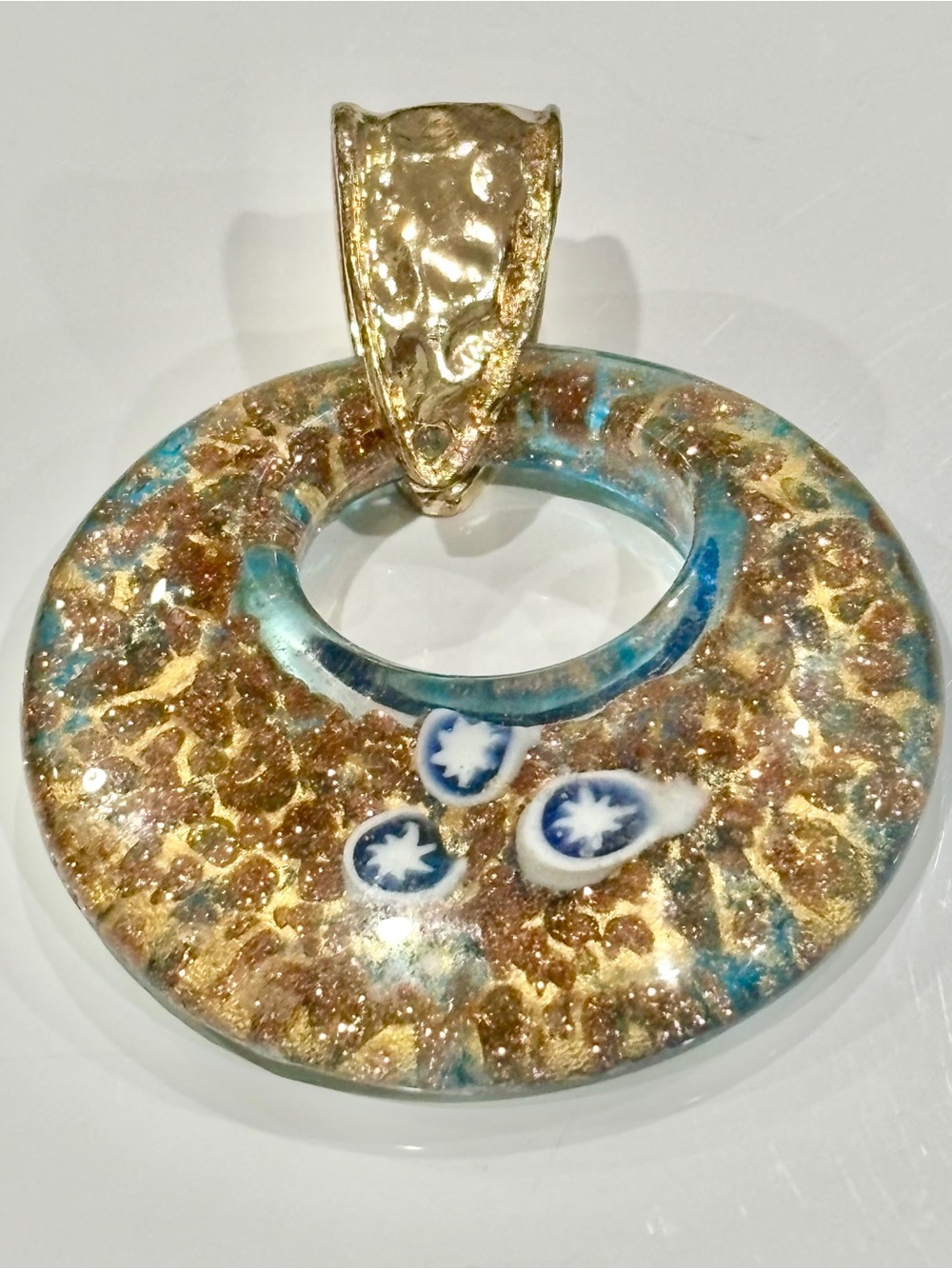 Handcrafted Murano Glass Gold and Blue Circular Large Pendant